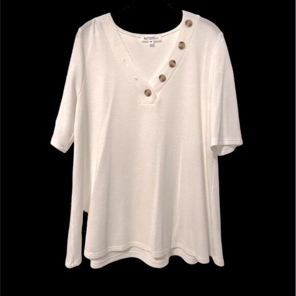 Wonderland By Orange White V-neck Waffle Knit Short‎ Sleeve Blouse Size Medium - Picture 1 of 6